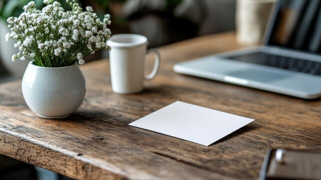 Blank business card on rustic wooden desk, minimal workspace with laptop, natural decor, clean design, professional branding mockup, cozy atmosphere, personal workspace - Powered by Adobe