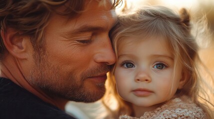 Father and daughter smiling together at sunset, warm light, family bond, affectionate embrace, outdoors, golden hour, soft focus, love, joy, parenting