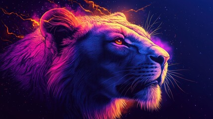 Naklejka premium Majestic lion with glowing eyes and fiery mane in outer space, roaring, digital fantasy art, cosmic animal illustration, powerful and intense, galaxy background, wild spirit