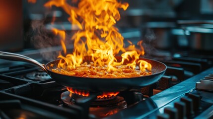 Chef cooking with flames in frying pan on stove, intense kitchen action, high heat, professional culinary skills, fiery cooking process, gourmet restaurant, food preparation