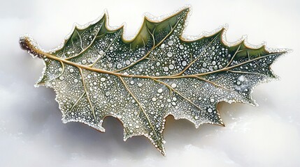 Fototapeta premium A macro shot of a leaf with dewdrops on its blades, placed on a white background