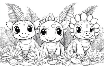 Obraz premium dinosaures illustration, coloriage enfant, à imprimer, noir et blanc, activité, dessin, mignon, tout-petits, adorable, joli, fun, loisir