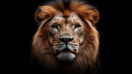 Fototapeta premium Detailed lion portrait against dark background, majestic king of the jungle with intense stare, powerful and wild animal, close-up of lion’s face and mane