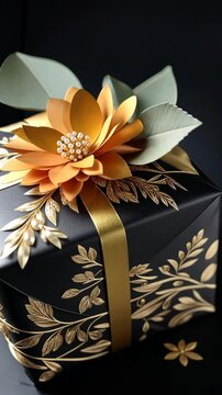 A beautifully decorated black box with gold trim and a gold flower on top. The box is adorned with gold and black decorations, making it a stunning centerpiece for any occasion