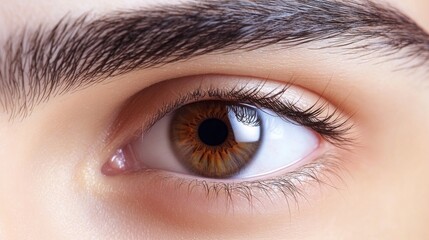 Fototapeta premium Macro shot of brown adult male eye with eyelashes and eyebrow.