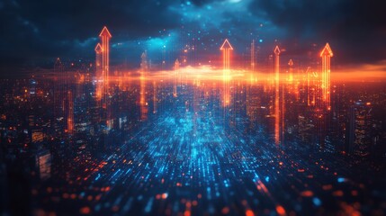 Glowing arrows symbolizing data growth, digital economy, technology finance, economic progress, futuristic financial concept, tech-driven success, data analytics