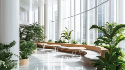 Modern Office Lobby with Lush Greenery and City Views
