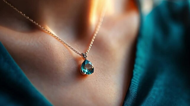 Close-up of a delicate teardrop pendant necklace with a light blue gemstone.