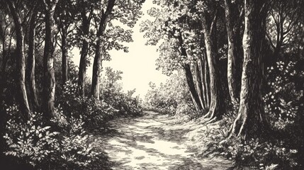 Obraz premium Nostalgic forest landscape art, hand-drawn