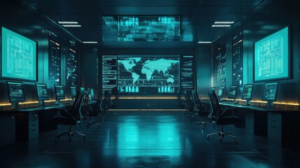 Advanced technology command center with multiple computer screens, digital data display, high-tech control room, cyber security, modern corporate infrastructure, glowing blue interface