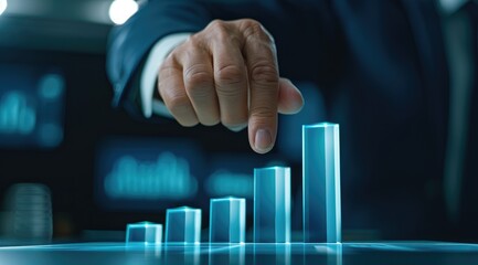 A hand points at rising bar graphs on a digital screen, symbolizing growth and progress in business or finance.