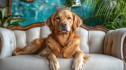 Golden retriever with regal crown sitting on luxury sofa, royal dog portrait, majestic pet, noble, elegant animal, adorable companion, aristocratic style, cute expression
