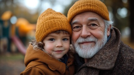 Serious grandfather with young grandson, affectionate bond, park background, meaningful expression, family connection, warmth, senior and child relationship, fall season, love, closeness