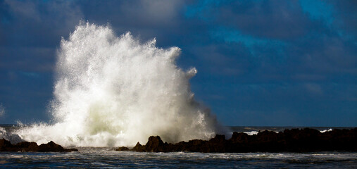 Fototapeta premium Tall, bursting ocean wave near rocky patch