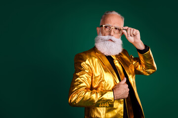 Charismatic elderly gentleman in golden suit with vintage flair celebrating festive holiday season