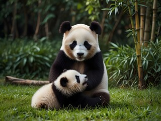 Obraz premium Baby Panda Playing with Mother on Grass in Bamboo Forest