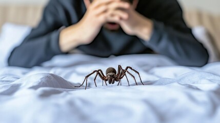 A male, anxious Asian man reacts to a spider on his bed, illustrating fear and discomfort in a close-up shot.