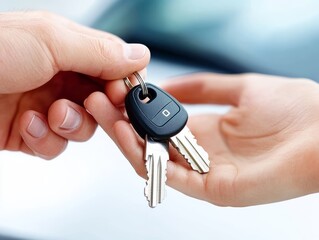A close-up shot of a hand receiving a set of car keys from a salesperson
