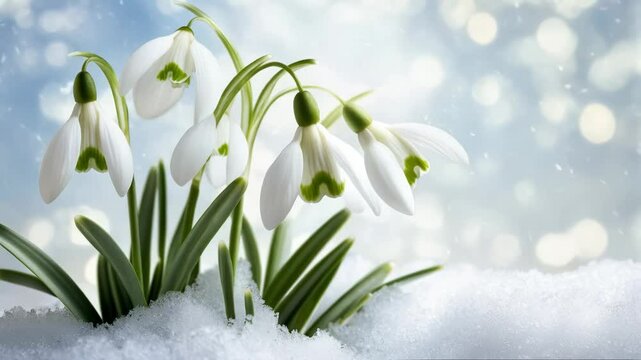 4K close-up video animation of the white snowdrop flowers blooming in the snow against a serene blue background, perfect for aesthetic live wallpapers and seasonal greetings. 