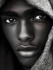 Naklejka premium Black-and-white portrait of man in hood 