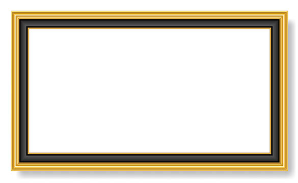 An Illustration of realistic gold black picture frame with wood texture. Approximate frame size 375 x 220 cm, ratio 16 9 at 72 dpi. This image is NOT generated by Ai. vector version is available  