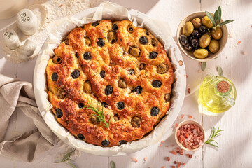 Traditional focaccia made of olives and sea salt.