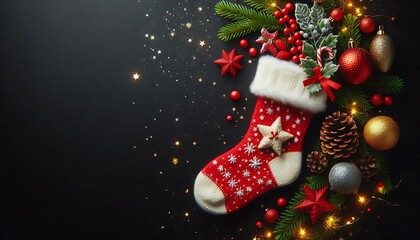 bright Christmas sock on black background with gold balls copy space