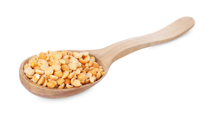 Dried peas in wooden spoon isolated on white