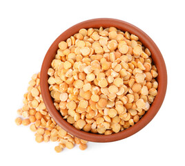 Dried peas in bowl isolated on white, top view