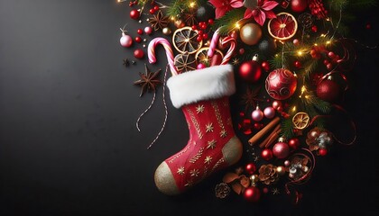 bright christmas sock with sweets red gold pink garland on black background with copy space