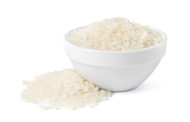 Raw rice in bowl isolated on white