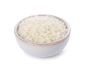 Raw rice in bowl isolated on white
