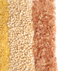 Different cereal grains isolated on white, top view