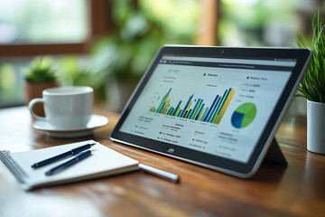 A minimalist office desk setup with a tablet showing marketing campaign progress, surrounded by a pen and notebook