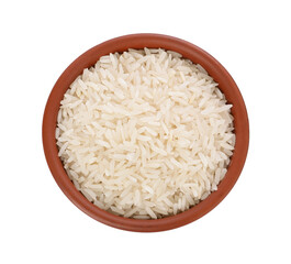 Raw rice in bowl isolated on white, top view