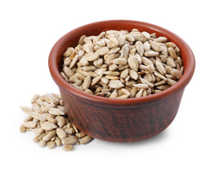 Peeled sunflower seeds in bowl isolated on white