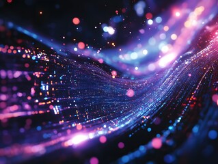 A digital storm of data streams and pixel-like shapes