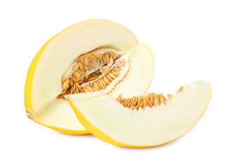 Pieces of fresh melon on white background