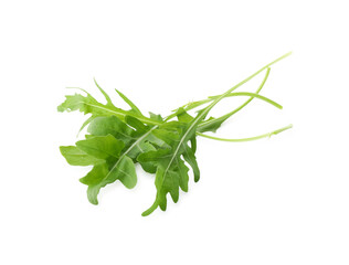 Many fresh arugula leaves on white background