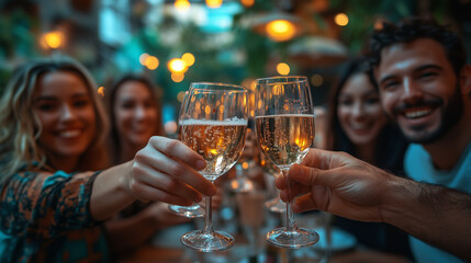 A team celebrating their success by clinking glasses in a brightly decorated breakout room