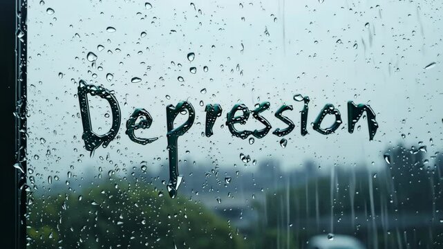 The word depression is written on a window. The window is covered in raindrops. The raindrops are scattered all over the window