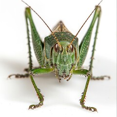 Great green bush cricket  Tettigonia viridissima  in front of white background