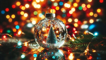 Crystal clear new year ornaments reflecting colorful bokeh lights