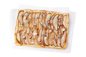 Delicious puff pastry tart with pears, almond and blue cheese isolated on white, top view