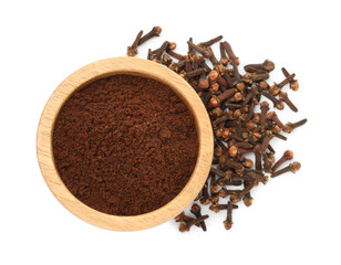Clove powder in wooden bowl and dried buds on white background, top view. Aromatic spice