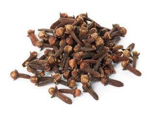 Pile of dry clove buds on white background. Aromatic spice