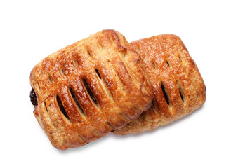 Delicious puff pastries with fruit filling isolated on white, top view