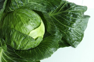 One ripe head of cabbage on white table, closeup