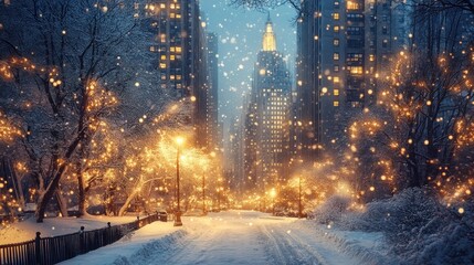 A snowy cityscape at dusk, illuminated by streetlights and soft snowfall.