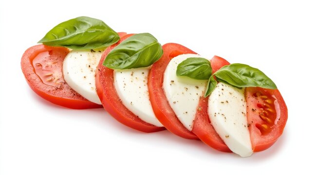 A classic Caprese salad with slices of ripe tomatoes, creamy mozzarella cheese, and fresh basil leaves